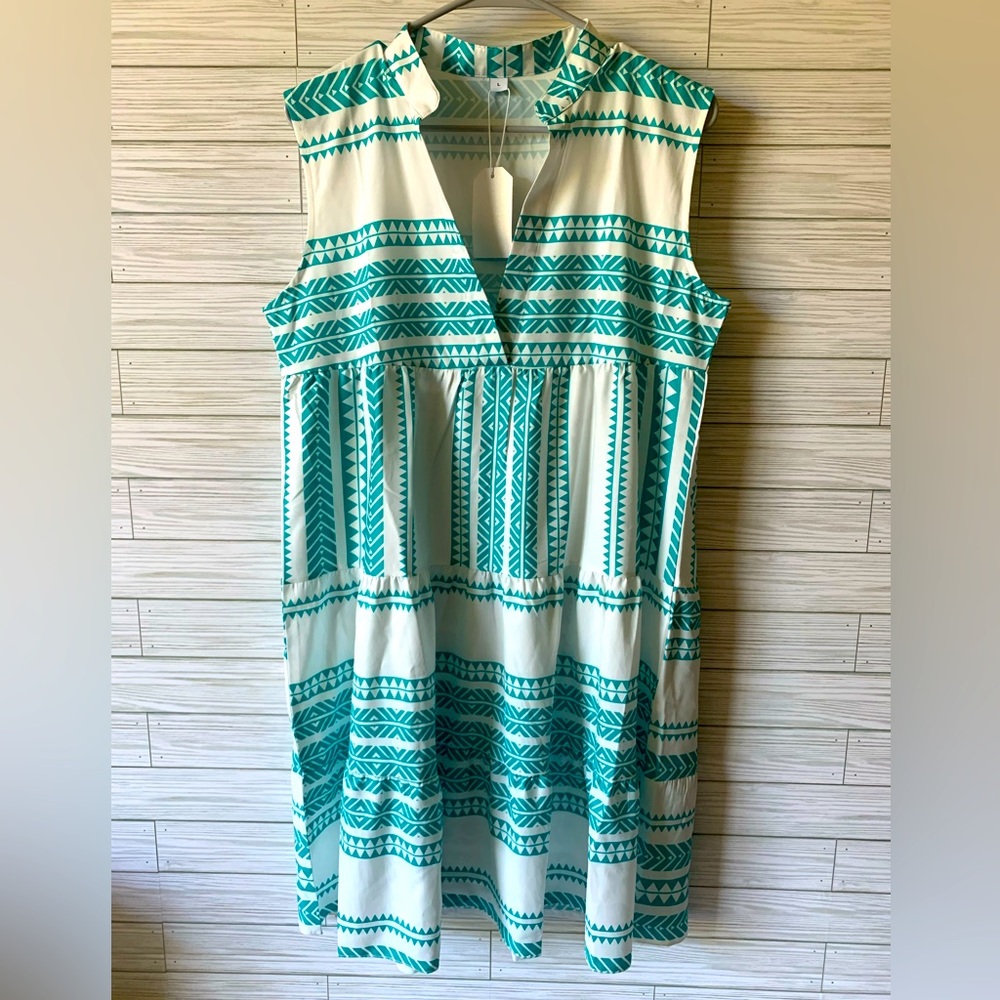 Sleeveless Aztec design dress NWT, white and turquoise in color